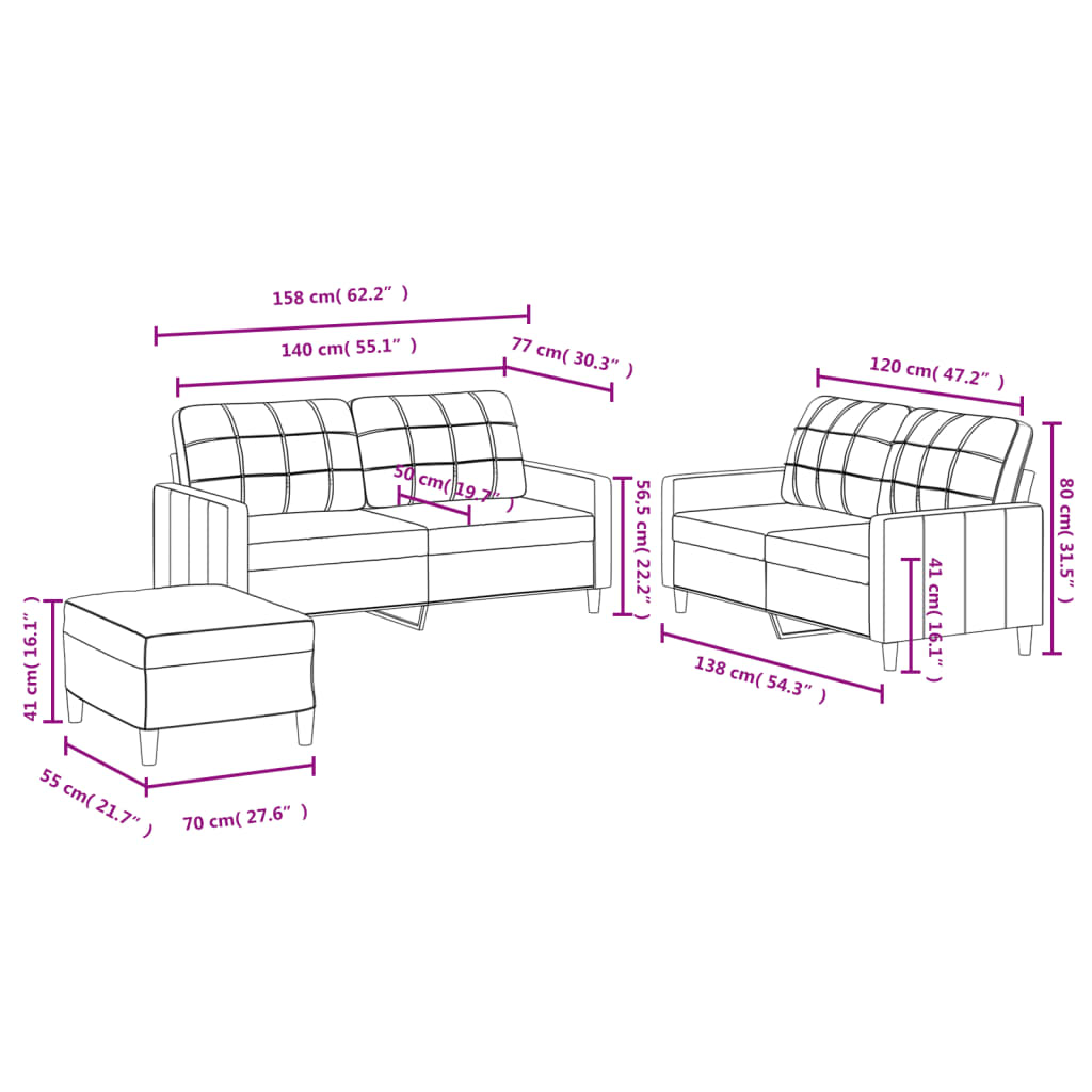 3-dijelni set sofa s jastucima svjetložuti od tkanine
