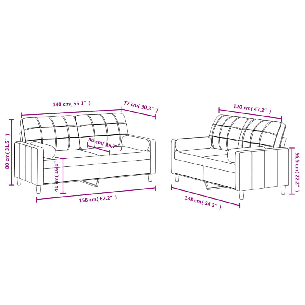 2-dijelni set sofa s jastucima crvena boja vina od tkanine