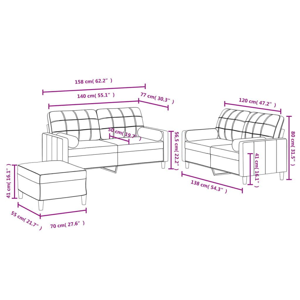 3-dijelni set sofa s jastucima krem od mikrovlakana