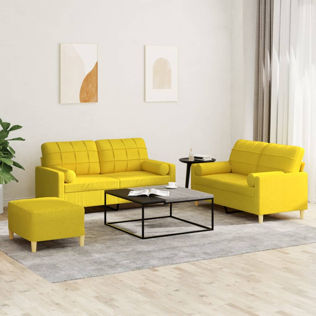 3-dijelni set sofa s jastucima svjetložuti od tkanine