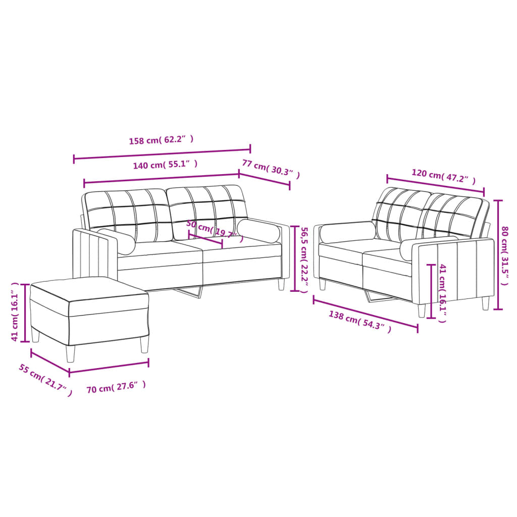 3-dijelni set sofa s jastucima crvena boja vina od tkanine