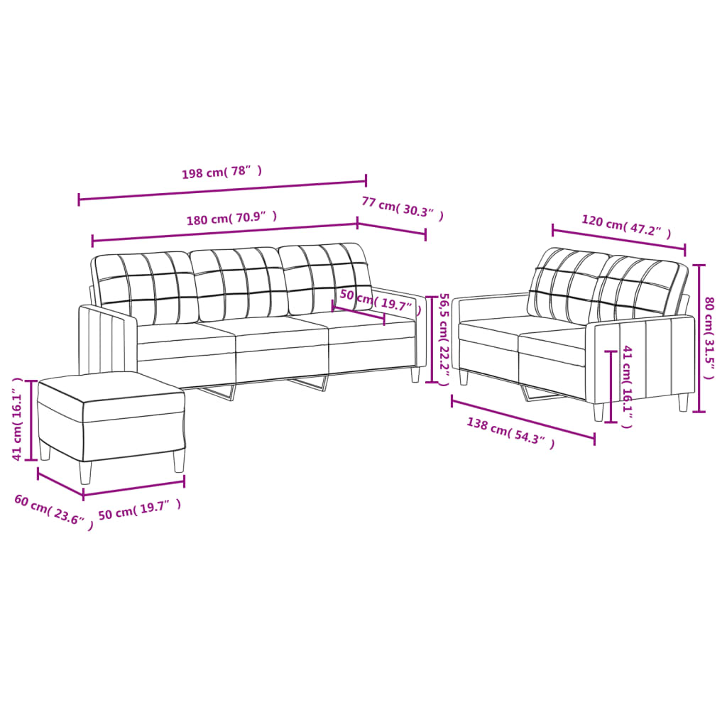 3-dijelni set sofa s jastucima krem od tkanine