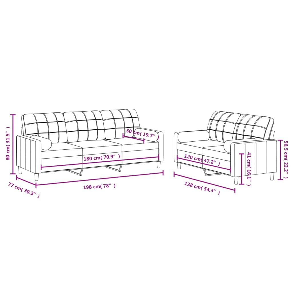 2-dijelni set sofa s jastucima krem od tkanine