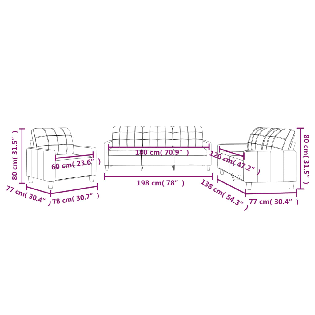 3-dijelni set sofa s jastucima krem od umjetne kože
