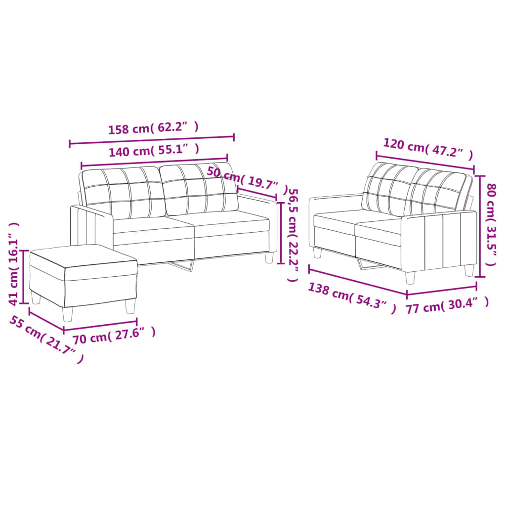 3-dijelni set sofa s jastucima krem od umjetne kože