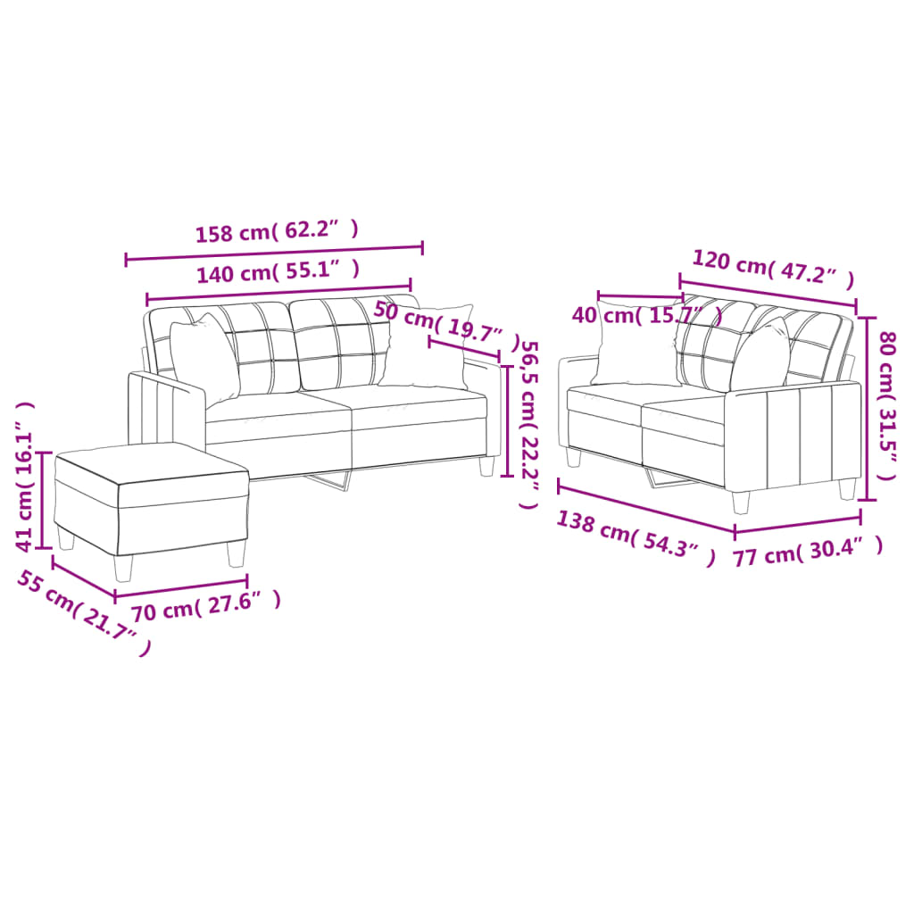 3-dijelni set sofa s jastucima krem od umjetne kože