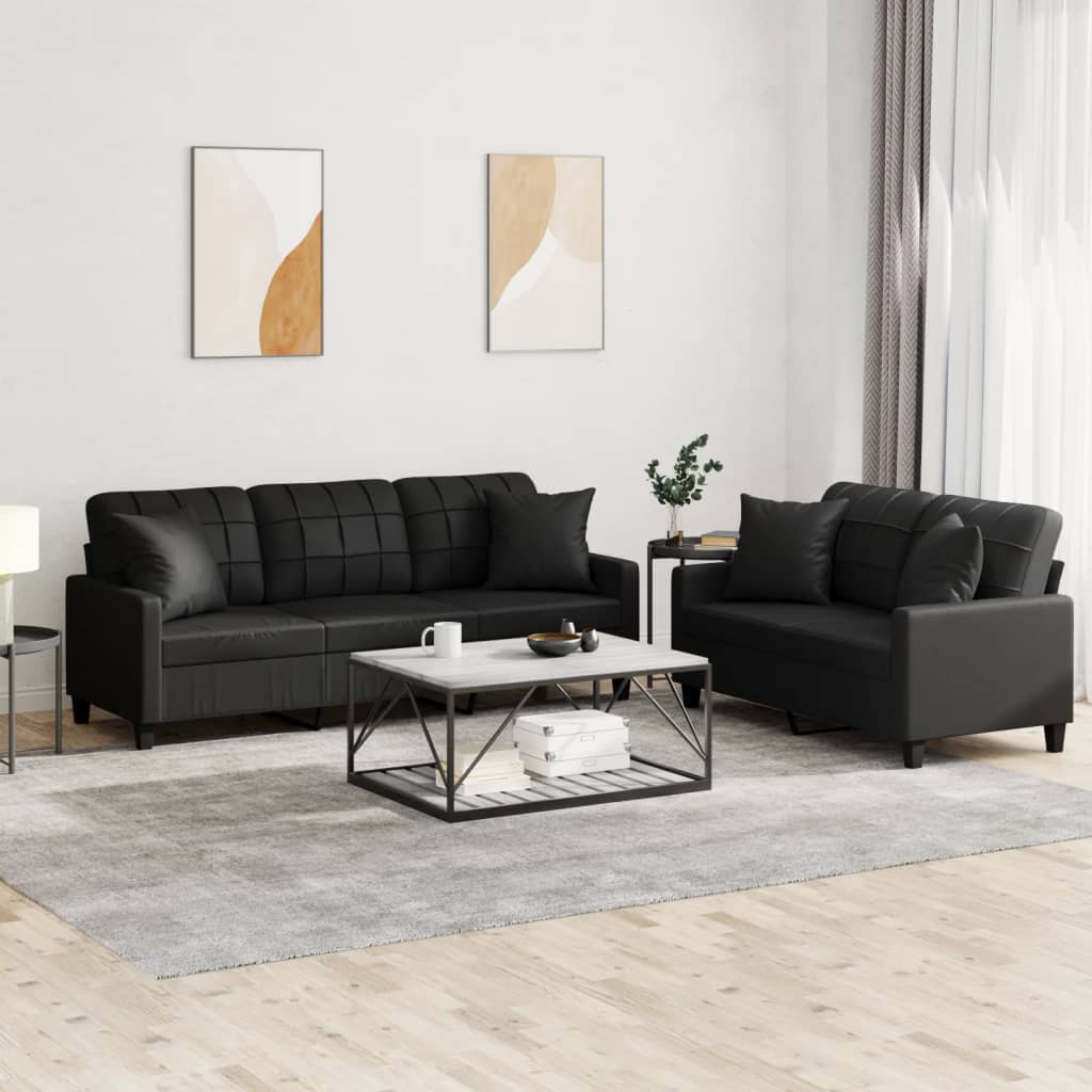 2-dijelni set sofa s jastucima crni od umjetne kože