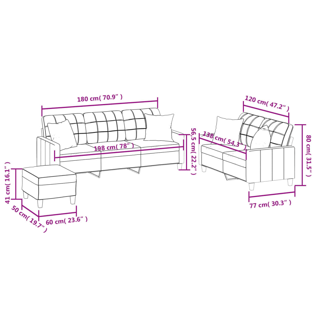 3-dijelni set sofa s jastucima krem od umjetne kože
