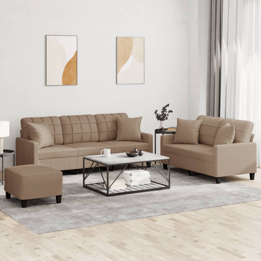 3-dijelni set sofa s jastucima boja cappuccina od umjetne kože