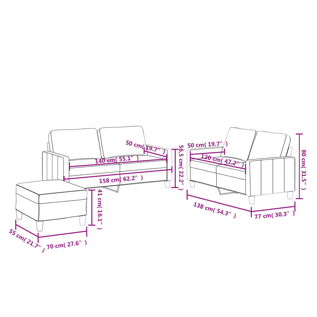 3-dijelni set sofa s jastucima boja cappuccina od umjetne kože