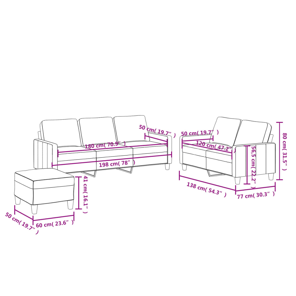 3-dijelni set sofa s jastucima krem od umjetne kože