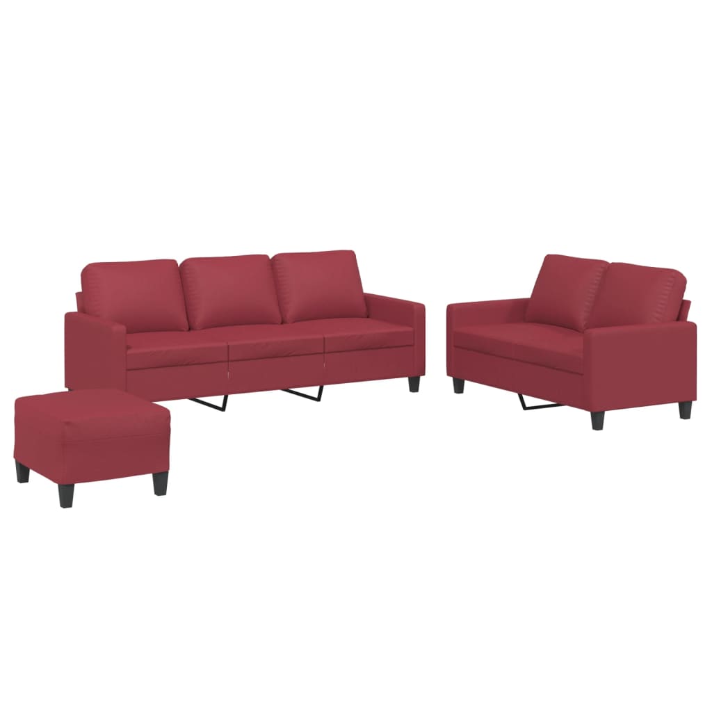 3-dijelni set sofa s jastucima boja vina od umjetne kože