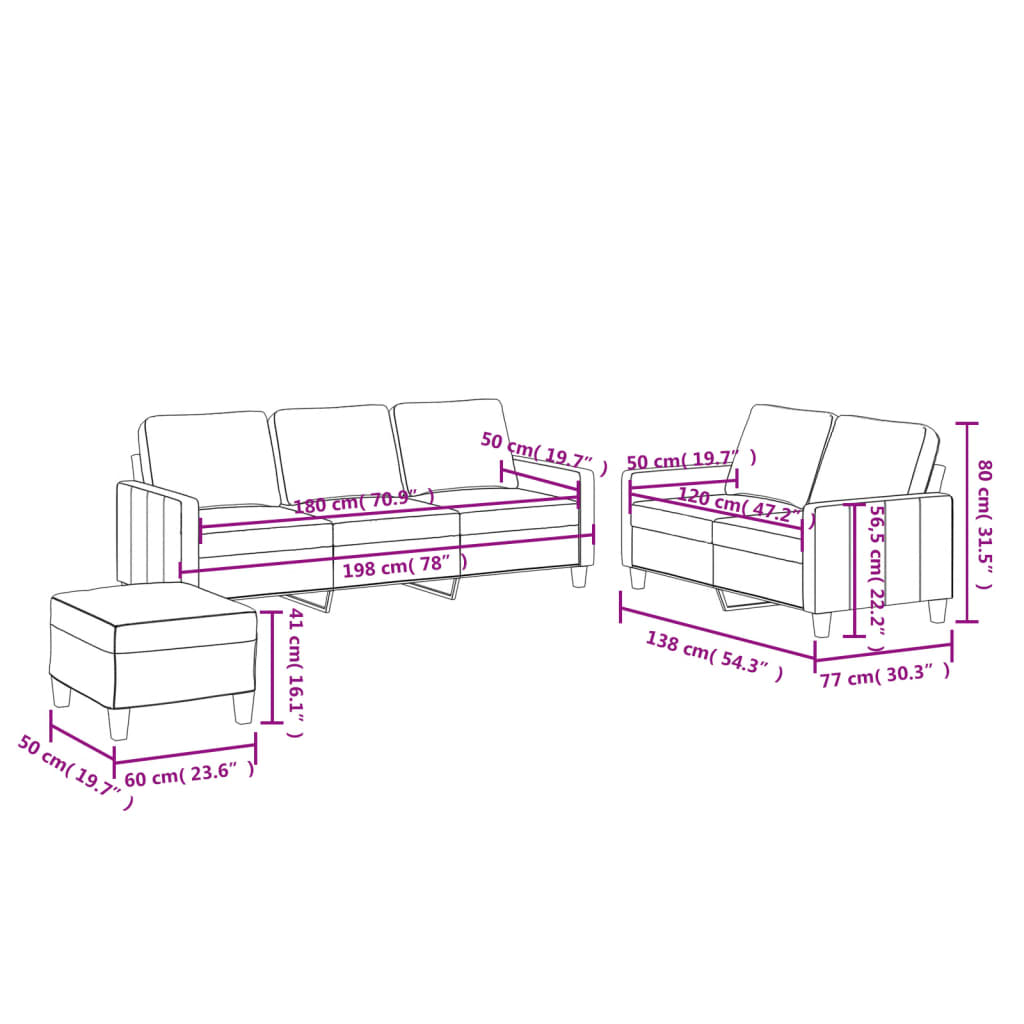 3-dijelni set sofa s jastucima boja vina od umjetne kože