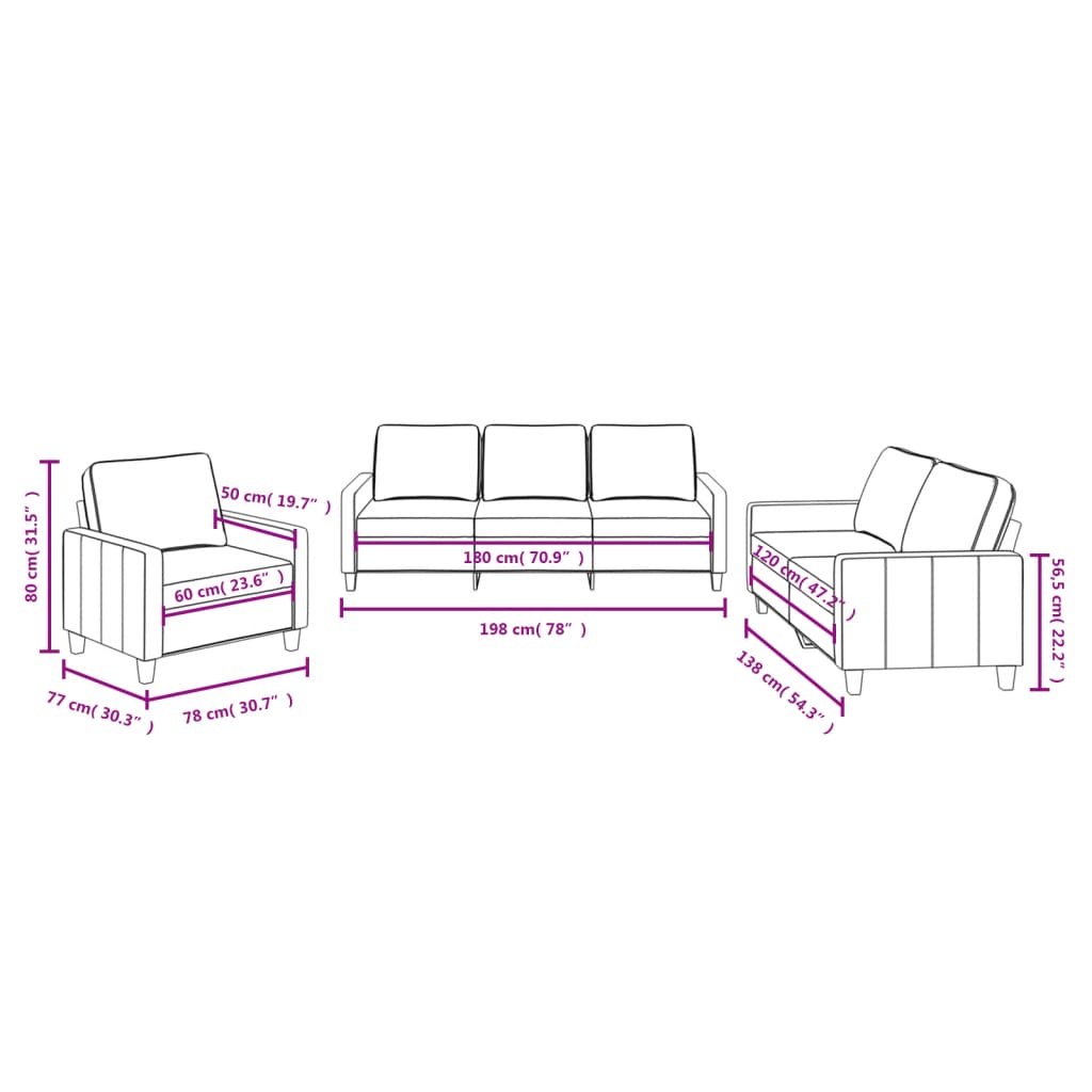 3-dijelni set sofa s jastucima krem od tkanine
