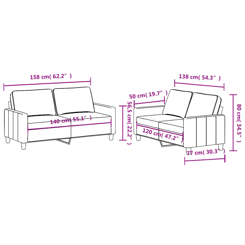 2-dijelni set sofa s jastucima krem od tkanine