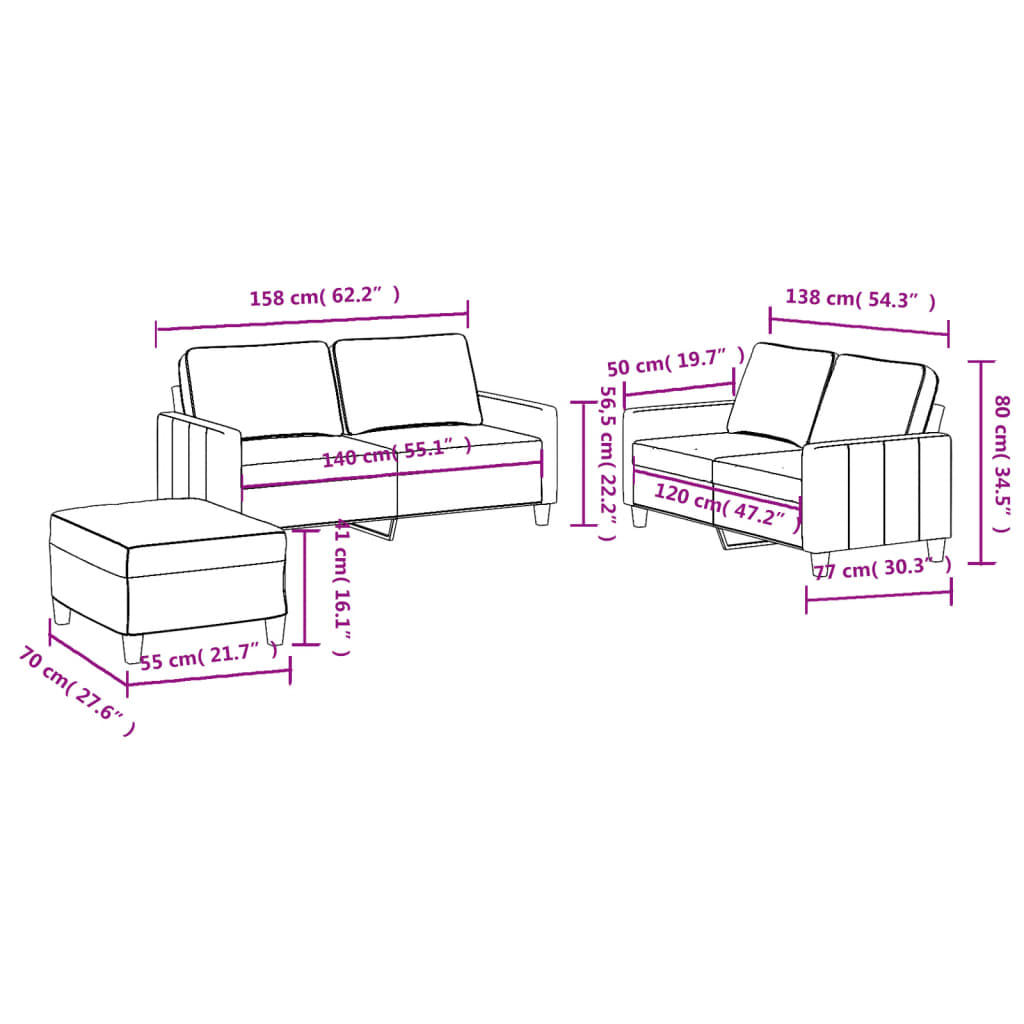 3-dijelni set sofa s jastucima smeđi od tkanine