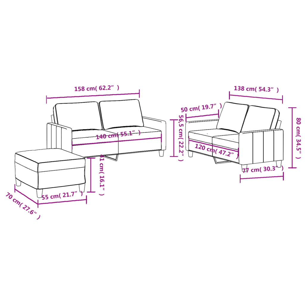 3-dijelni set sofa s jastucima crvena boja vina od tkanine