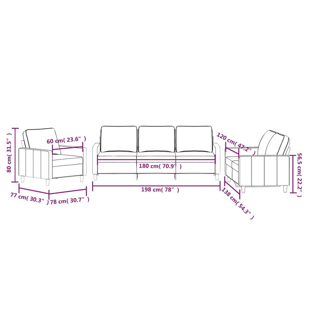 3-dijelni set sofa s jastucima krem baršunasti