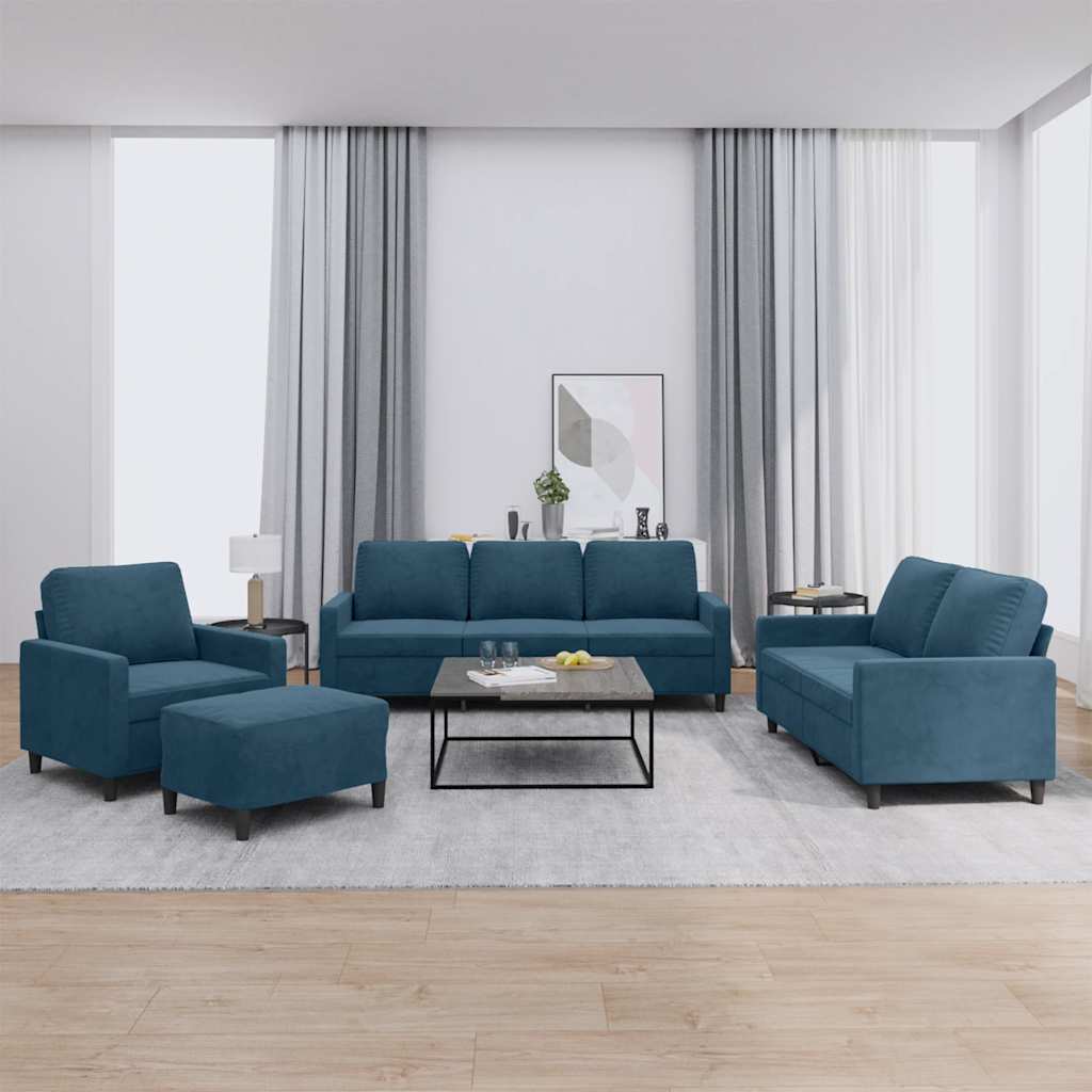 4-dijelni set sofa s jastucima plavi baršunasti