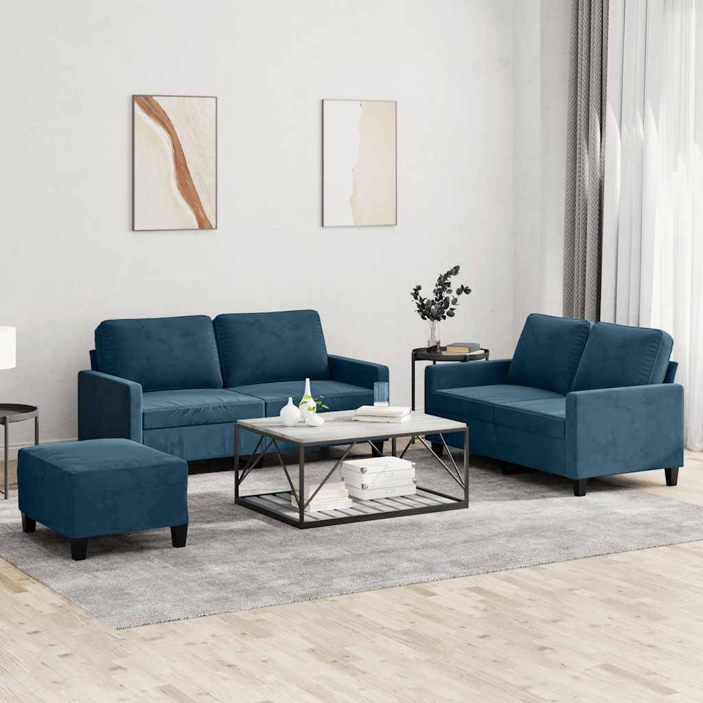 3-dijelni set sofa s jastucima plavi baršunasti