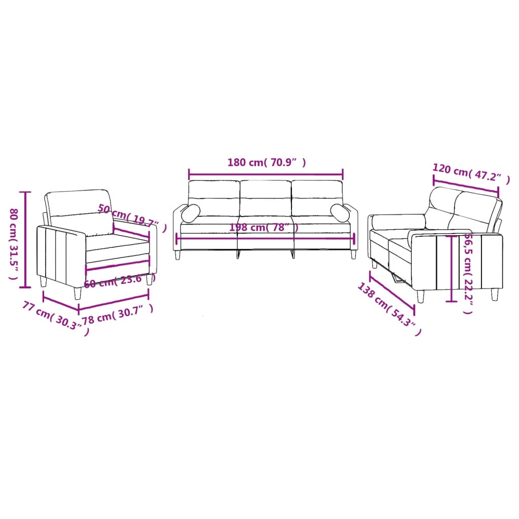 3-dijelni set sofa s jastucima smeđi od tkanine