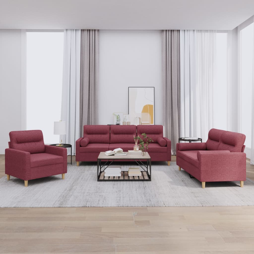 3-dijelni set sofa s jastucima crvena boja vina od tkanine