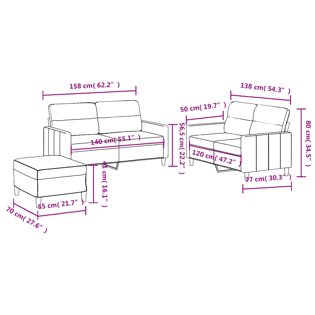 3-dijelni set sofa s jastucima krem od tkanine