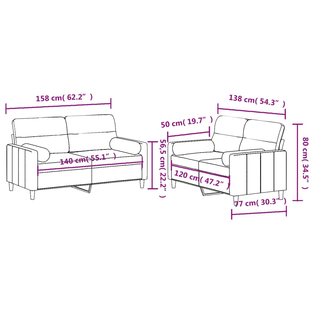 2-dijelni set sofa s jastucima krem od tkanine