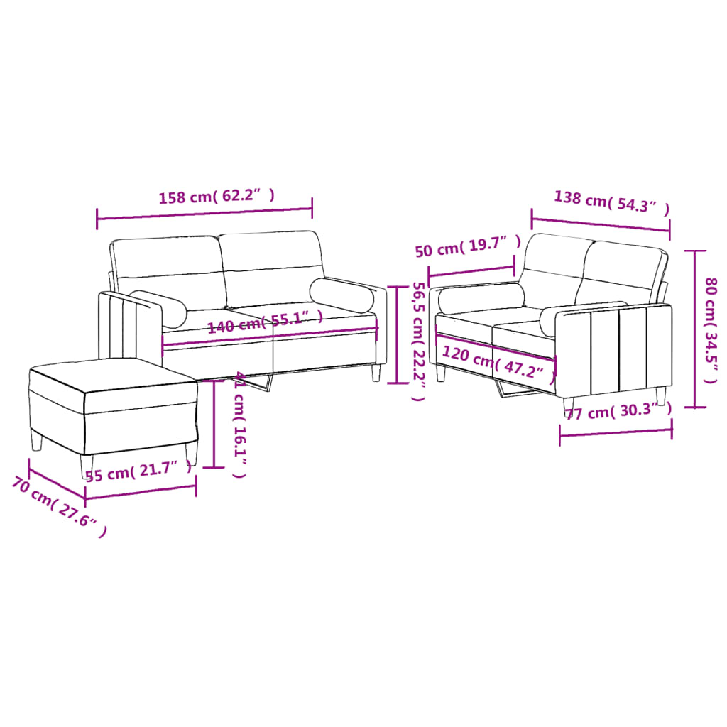 3-dijelni set sofa s jastucima smeđi od tkanine