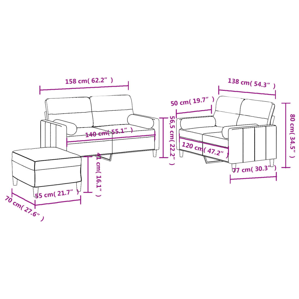 3-dijelni set sofa s jastucima crvena boja vina od tkanine