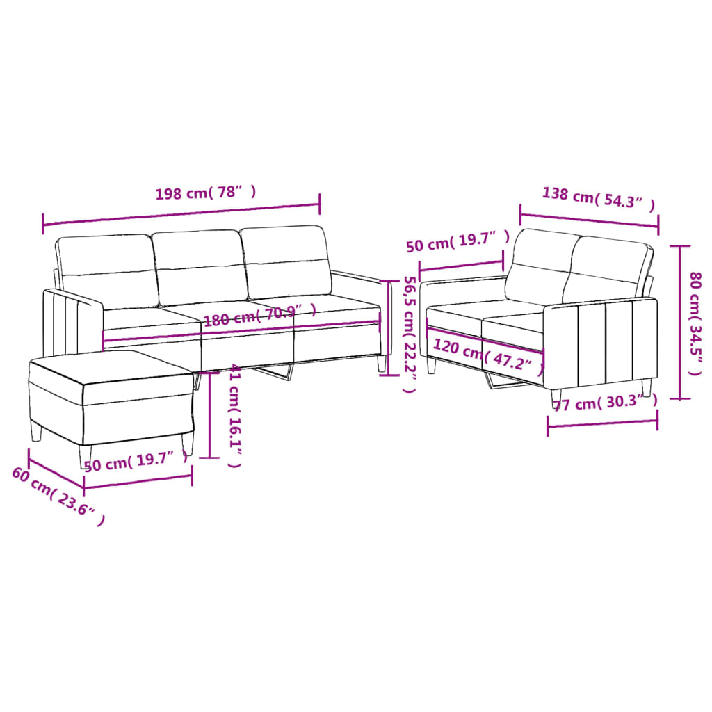 3-dijelni set sofa s jastucima crni od tkanine