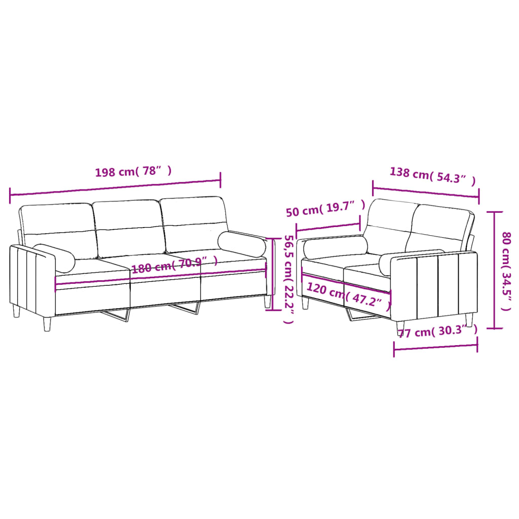 2-dijelni set sofa s jastucima crni od tkanine
