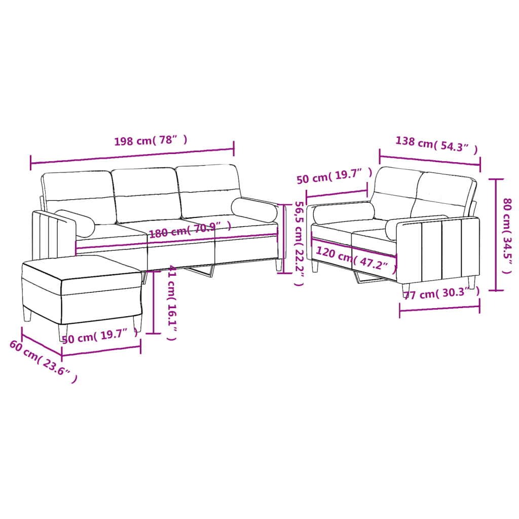 3-dijelni set sofa s jastucima smeđi od tkanine