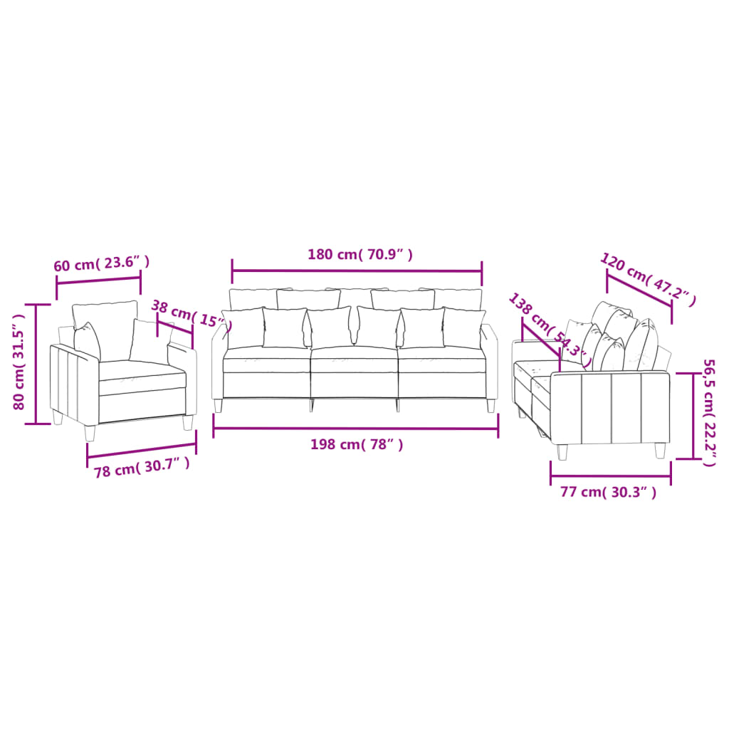 3-dijelni set sofa s jastucima svjetlosivi od tkanine