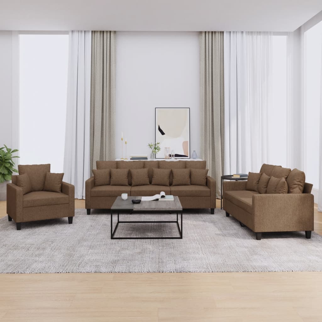 3-dijelni set sofa s jastucima smeđi od tkanine