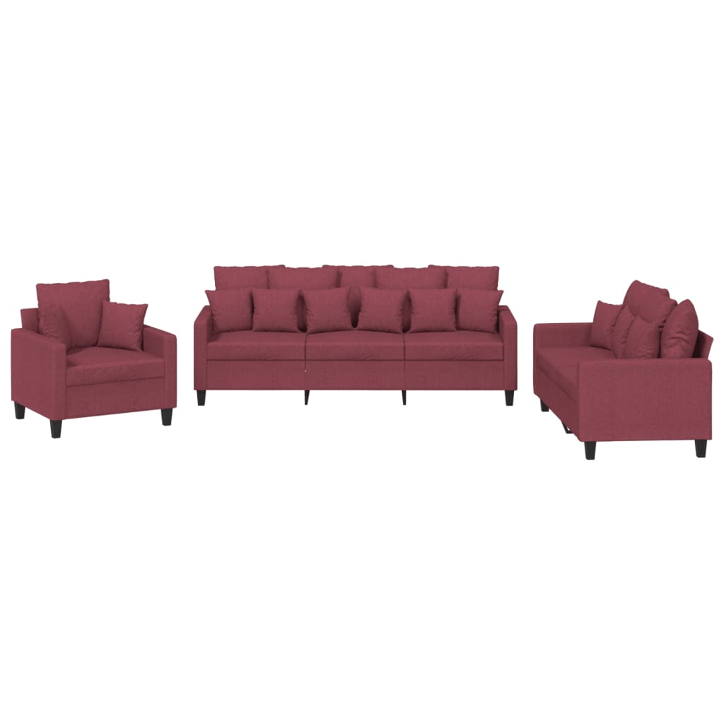 3-dijelni set sofa s jastucima crvena boja vina od tkanine