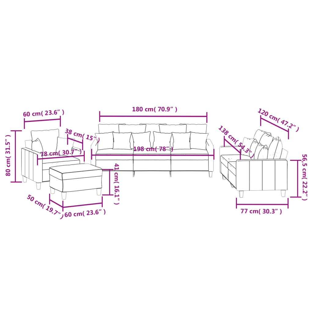 4-dijelni set sofa s jastucima krem od tkanine