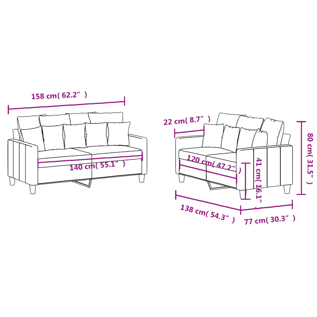 2-dijelni set sofa s jastucima krem od tkanine