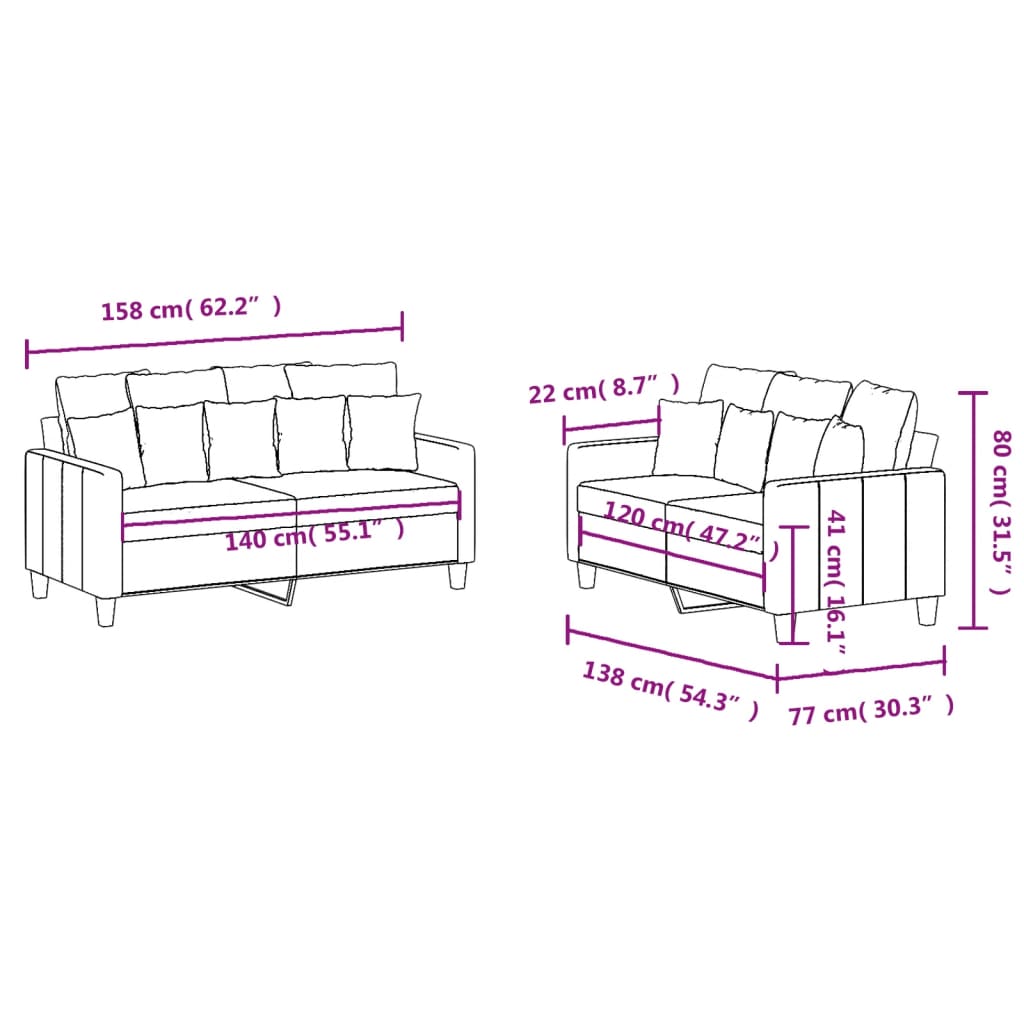 2-dijelni set sofa s jastucima crvena boja vina od tkanine