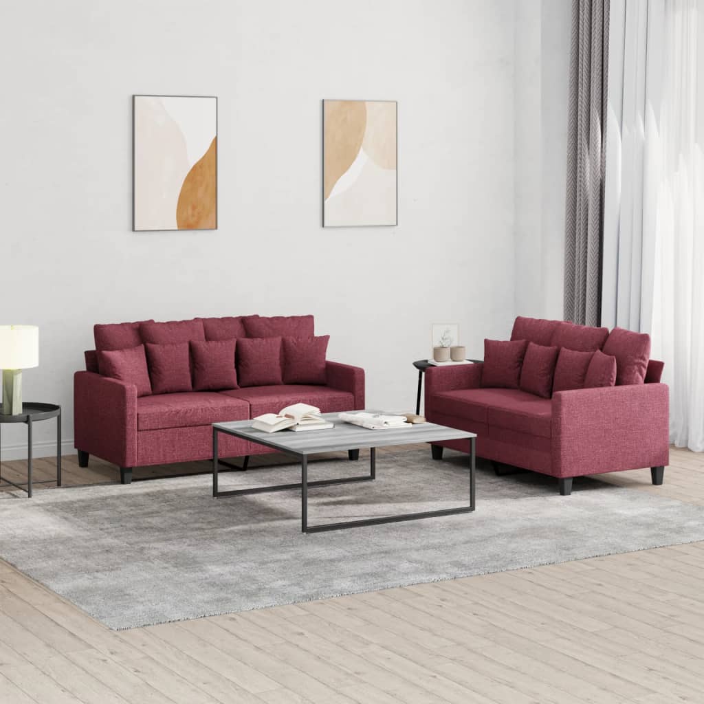 2-dijelni set sofa s jastucima crvena boja vina od tkanine