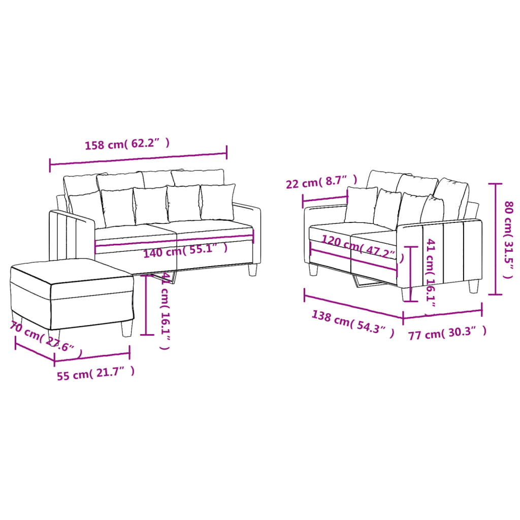 3-dijelni set sofa s jastucima smeđi od tkanine