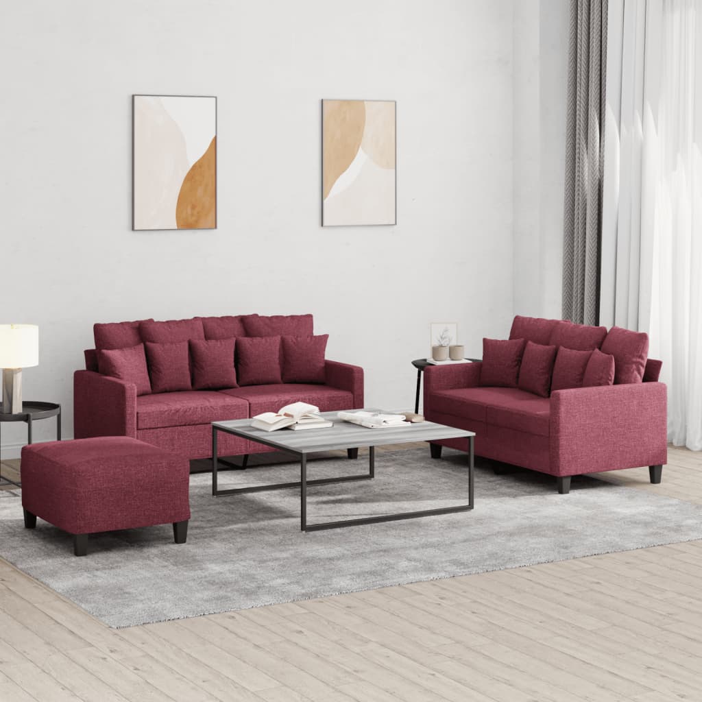 3-dijelni set sofa s jastucima crvena boja vina od tkanine
