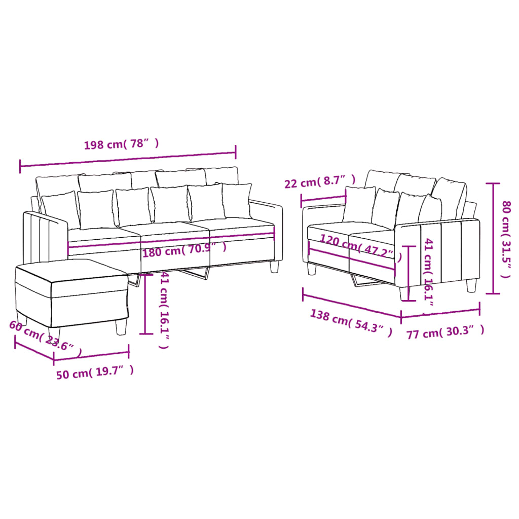 3-dijelni set sofa s jastucima svjetložuti od tkanine