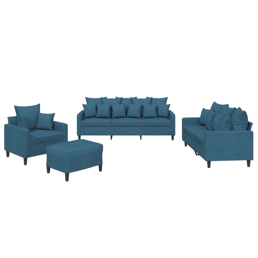 4-dijelni set sofa s jastucima plavi baršunasti