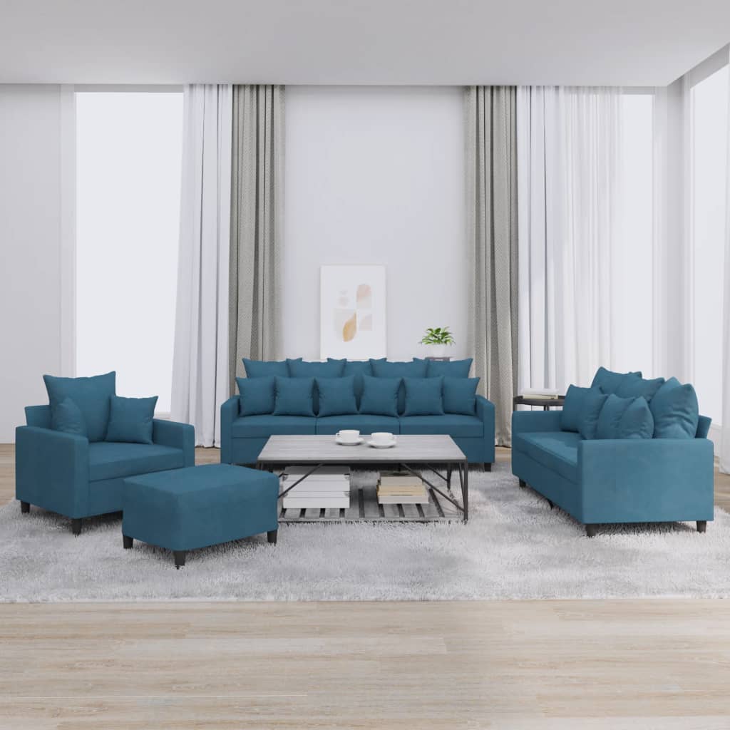 4-dijelni set sofa s jastucima plavi baršunasti