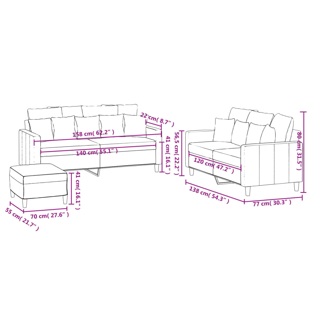 3-dijelni set sofa s jastucima svjetlosivi baršunasti