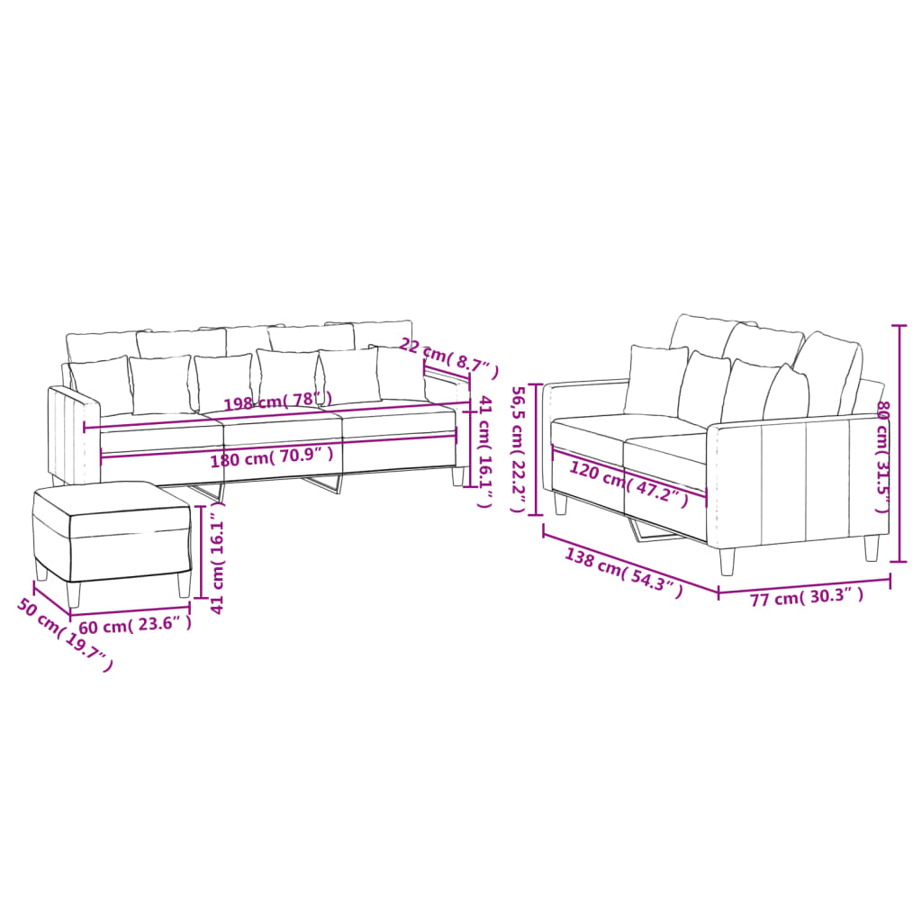 3-dijelni set sofa s jastucima ružičasti baršunasti