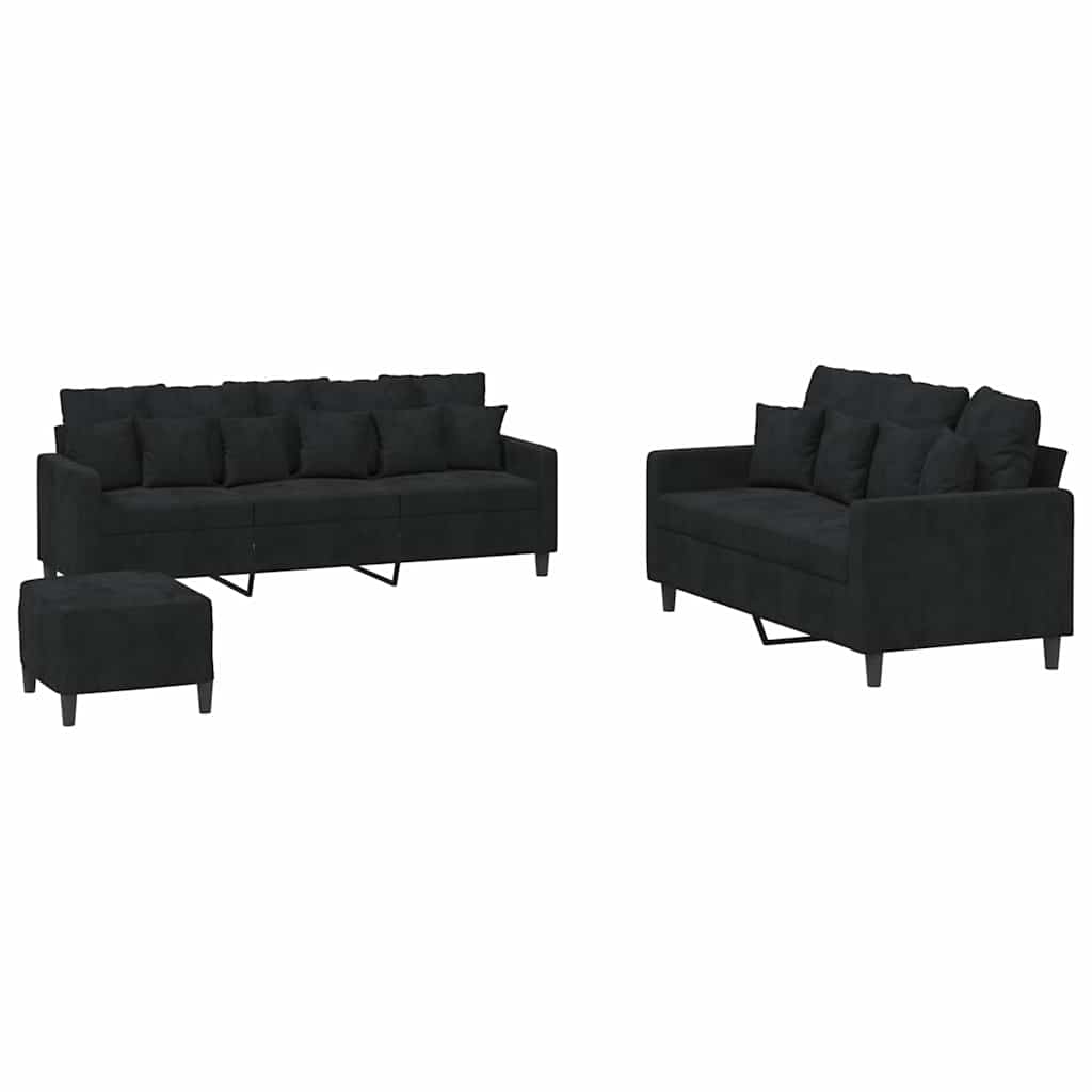 3-dijelni set sofa s jastucima crni baršunasti
