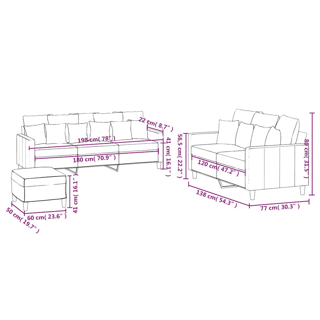 3-dijelni set sofa s jastucima krem baršunasti