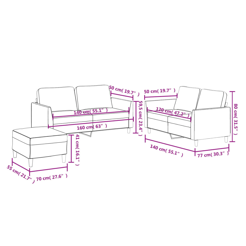 3-dijelni set sofa s jastucima crni od umjetne kože